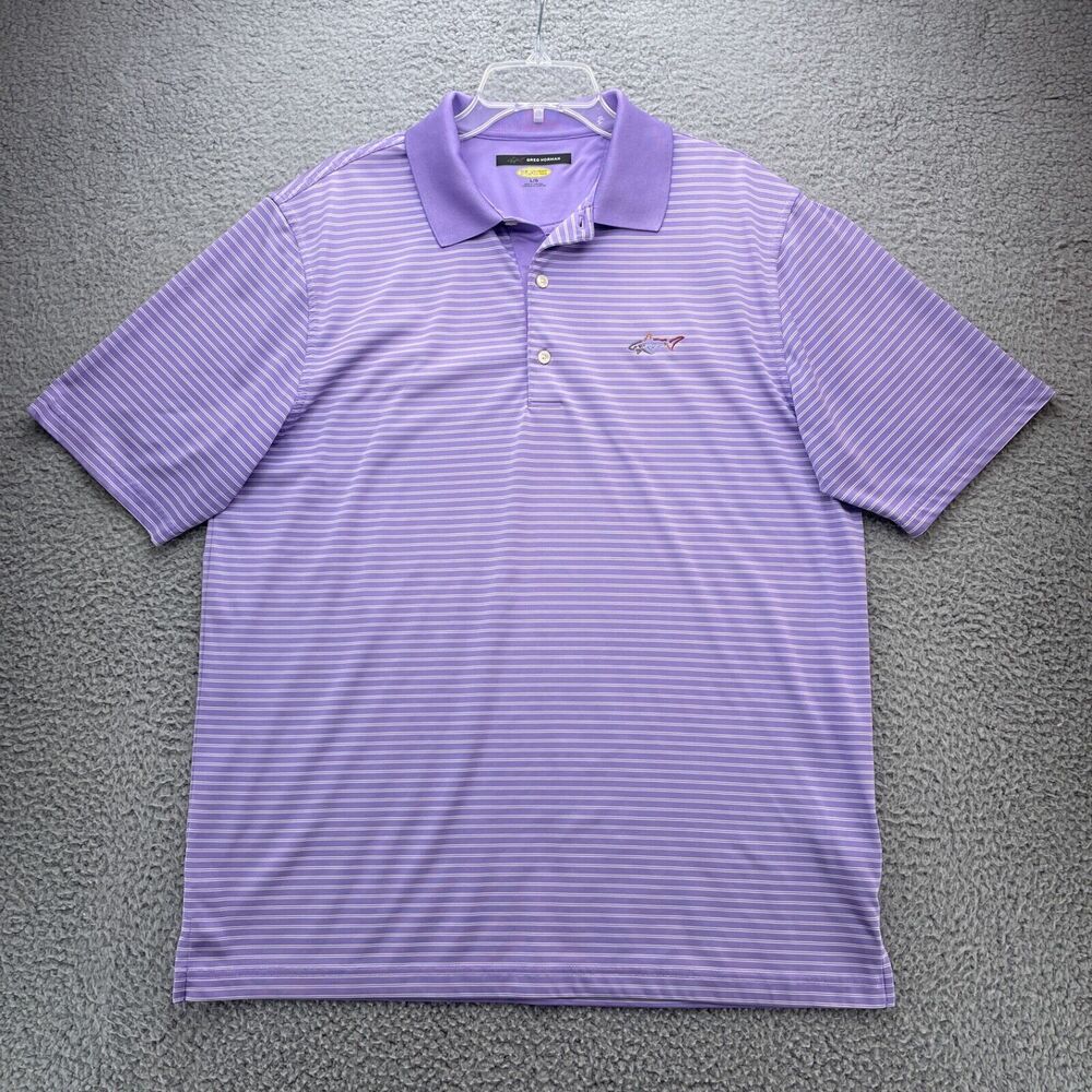 Greg Norman Shirt Mens Large Purple Striped Polo Golf Play Dry Performance